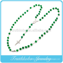2014 Religious latest design plastic 8mm green bead chain necklace with stainless steel mother Mary and Jesus cross charm desig